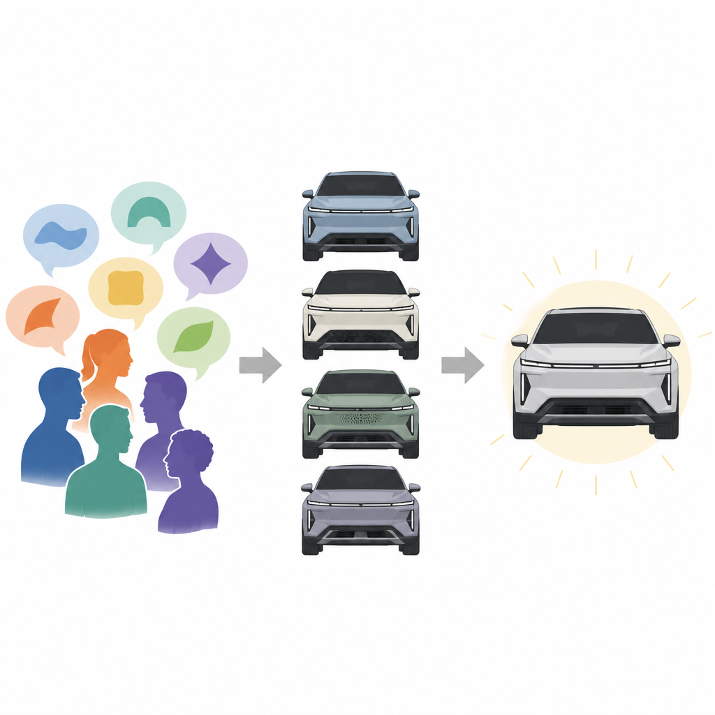 Figure 1. Come le sensazioni dei guidatori tratte dai commenti online guidano l’aspetto anteriore dei SUV elettrici, passando da emozioni vaghe a scelte di design chiare.