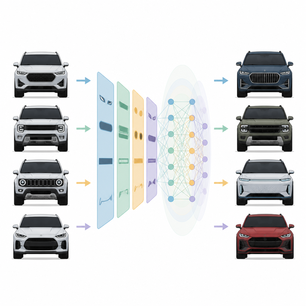 Figure 2. Come caratteristiche specifiche dell’anteriore dei SUV elettrici scorrono attraverso un algoritmo per creare design che risultino eleganti, potenti o sportivi.