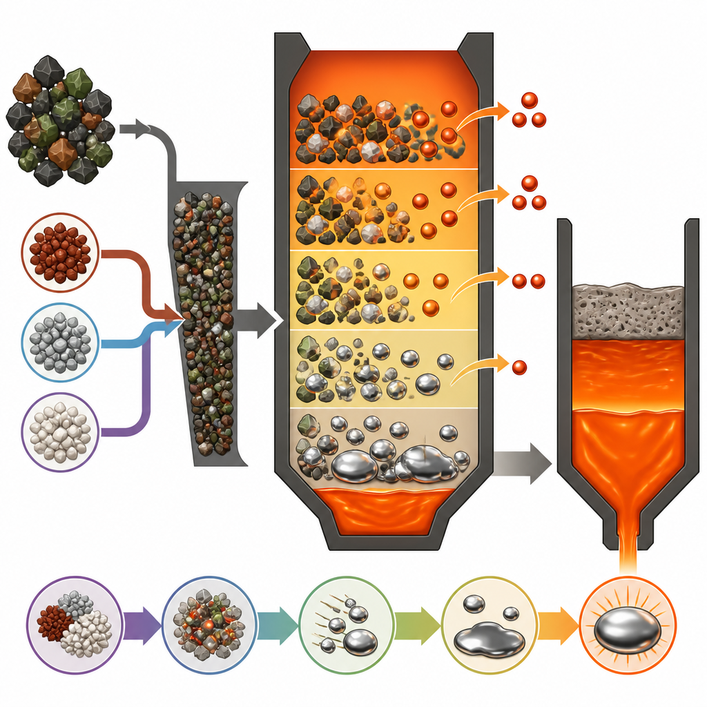 Figure 2. Stepwise reaction in a furnace where a mixed metal agent pulls oxygen from ore so molten metal cleanly separates from slag.