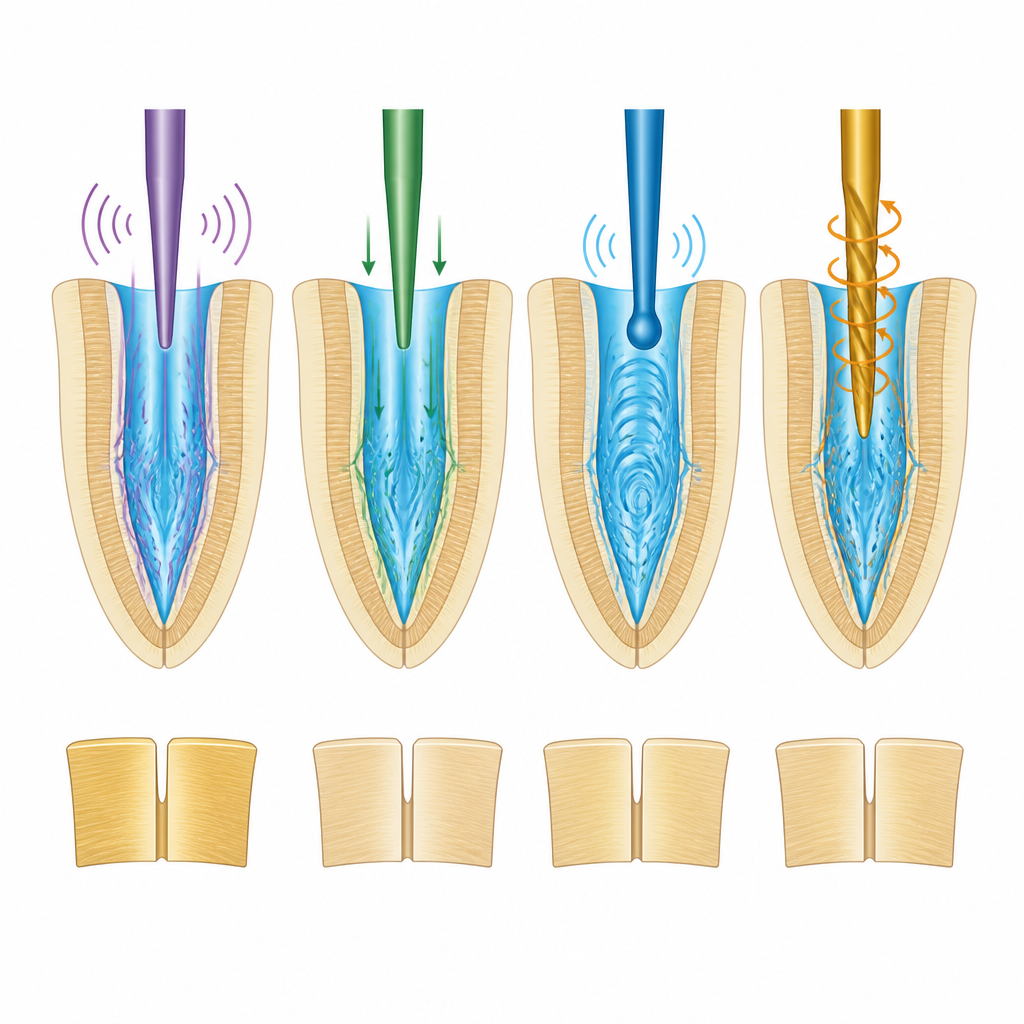Figure 2. Verschillende trillende instrumenten verplaatsen vloeistof in het wortelkanaal, terwijl de stijfheid en sterkte van dentine vrijwel onveranderd blijven.