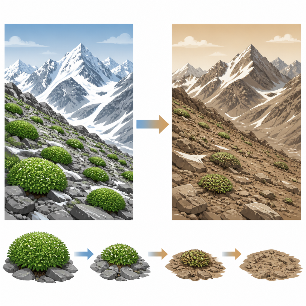Figure 1. Hoe een opwarmend klimaat de habitat van kussenplanten in het hooggebergte over het Altai-landschap herschikt