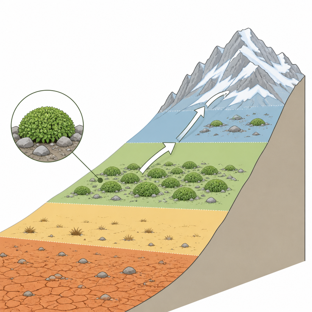 Figure 2. Hoe stijgende temperaturen de geschikte habitat van een bergkussenplant naar een nauwere zone hoger op de helling duwen