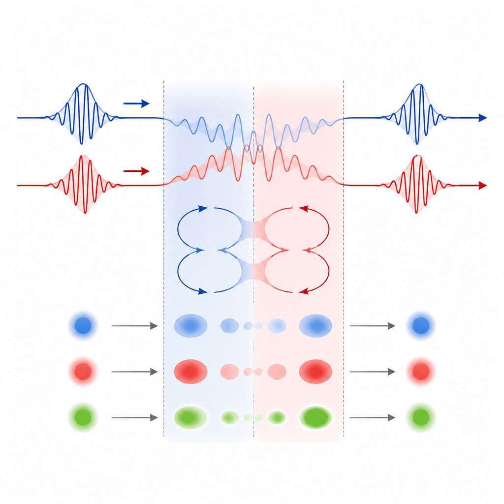 Figure 2. Hoe PT-symmetrische dynamica bepaalde golf-eigenschappen lokaal laat veranderen, maar die ver weg in ruimte en tijd weer naar dezelfde waarden terugkeren.