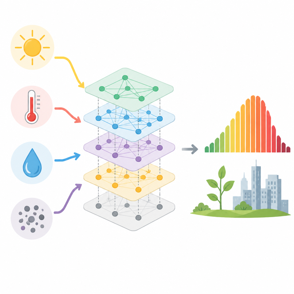 Figure 2. How combined weather and pollution inputs flow through a layered model to predict local nitrogen dioxide around a plant.