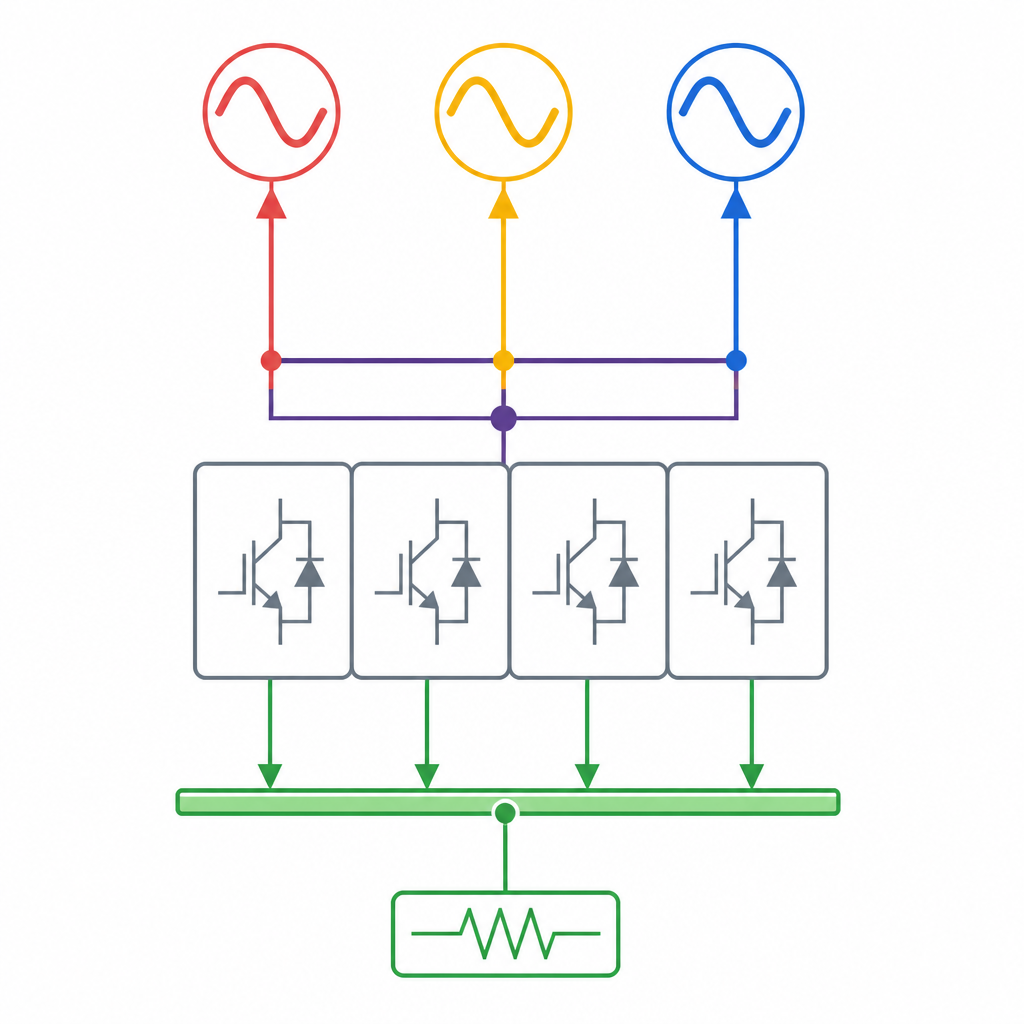 Figure 2. Четыре модульных ячейки объединяются в одну точку, чтобы одновременно формировать трехфазный переменный ток и стабильную шину постоянного тока.