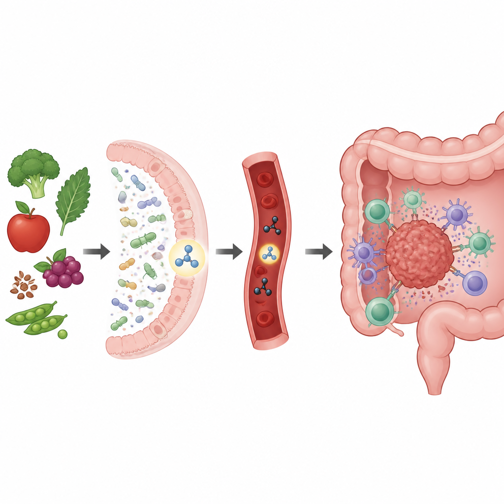 Figure 1. Wie ein von Darmbakterien aus pflanzlicher Nahrung hergestelltes Molekül dem Immunsystem hilft, Darmtumoren im Zaum zu halten.