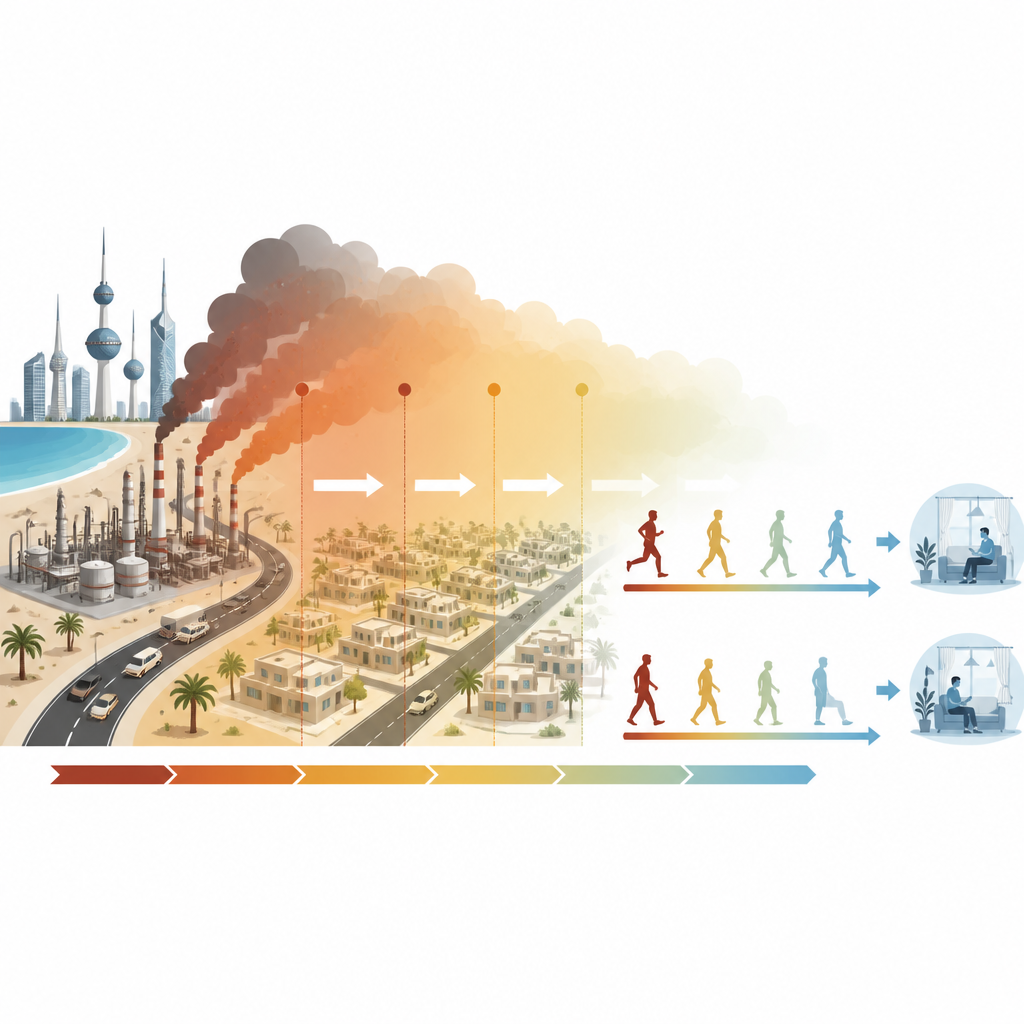 Figure 1. How air pollution from oil and traffic in Kuwait relates to how much people move in daily life.