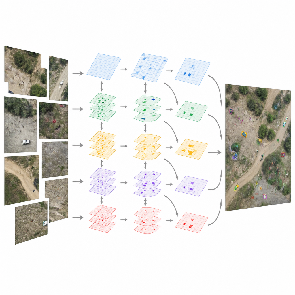 Figure 2. Wie verfeinerte Schichten und Aufmerksamkeit einem Drohnen-Vision-System helfen, viele winzige Objekte Schritt für Schritt zu trennen und zu schärfen.