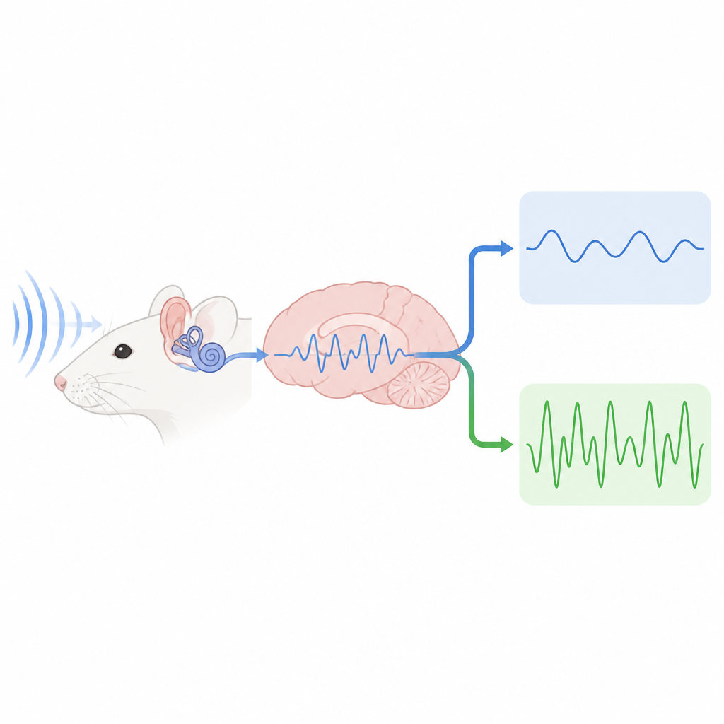 Figure 2. Stapsgewijze weergave van hoe geluid grotere, sneller optredende hersengolven veroorzaakt bij migraine-modelratten dan bij gezonde ratten.