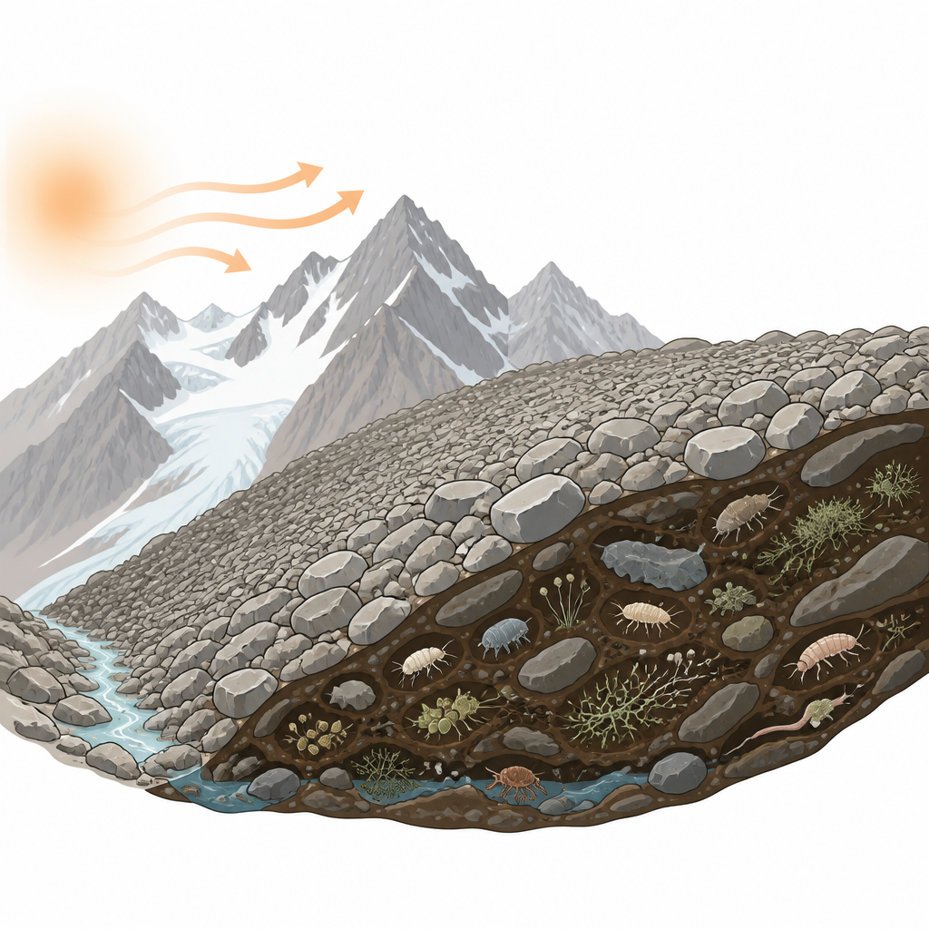 Figure 1. Rotsgletsjers verbergen diverse koudminnende levensvormen onder losse alpine stenen terwijl omringend ijs en sneeuw terugtrekken door klimaatopwarming.