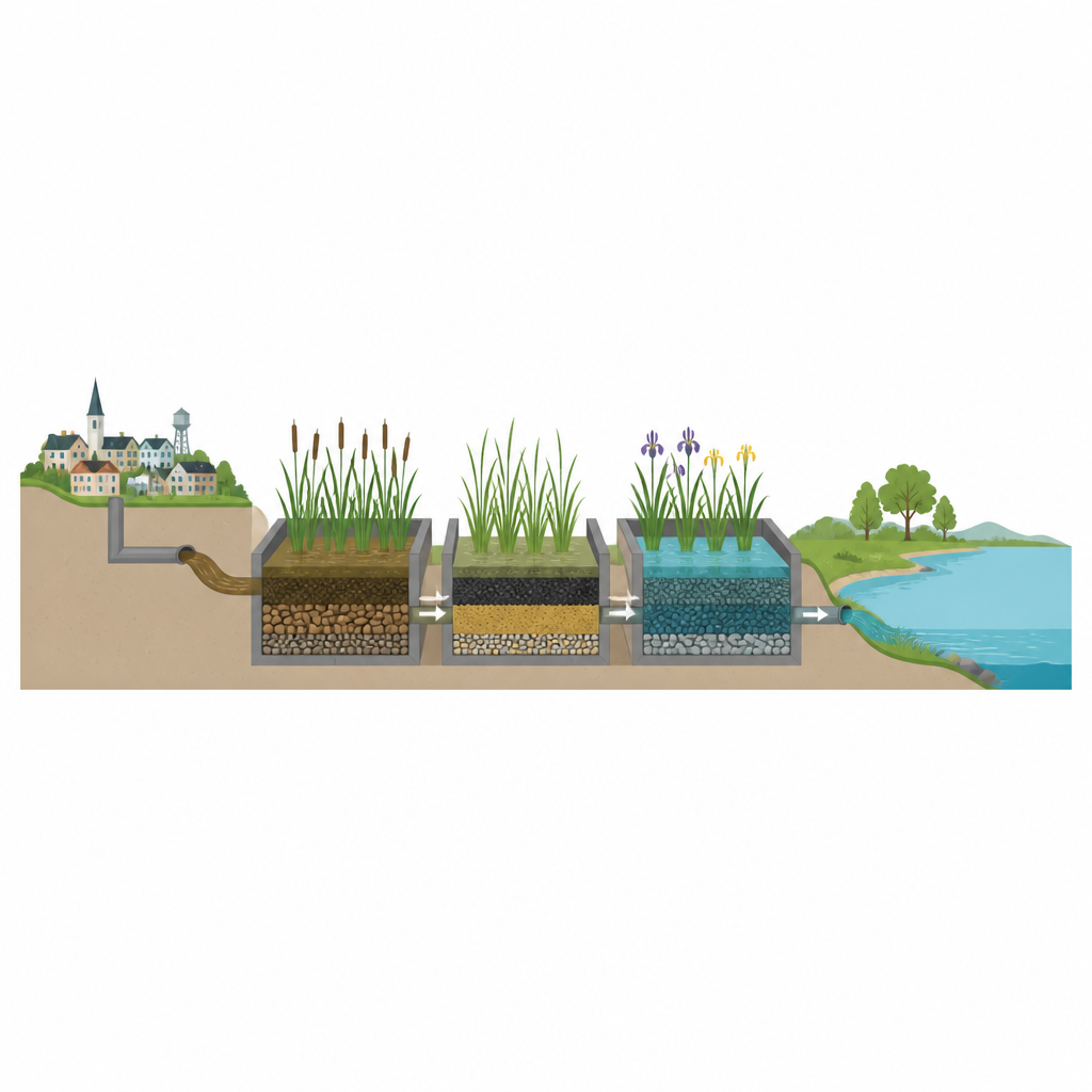 Figure 1. Stadsafvalwater stroomt door drie beplante rietbedden met verschillende media en komt eruit als schoner water.