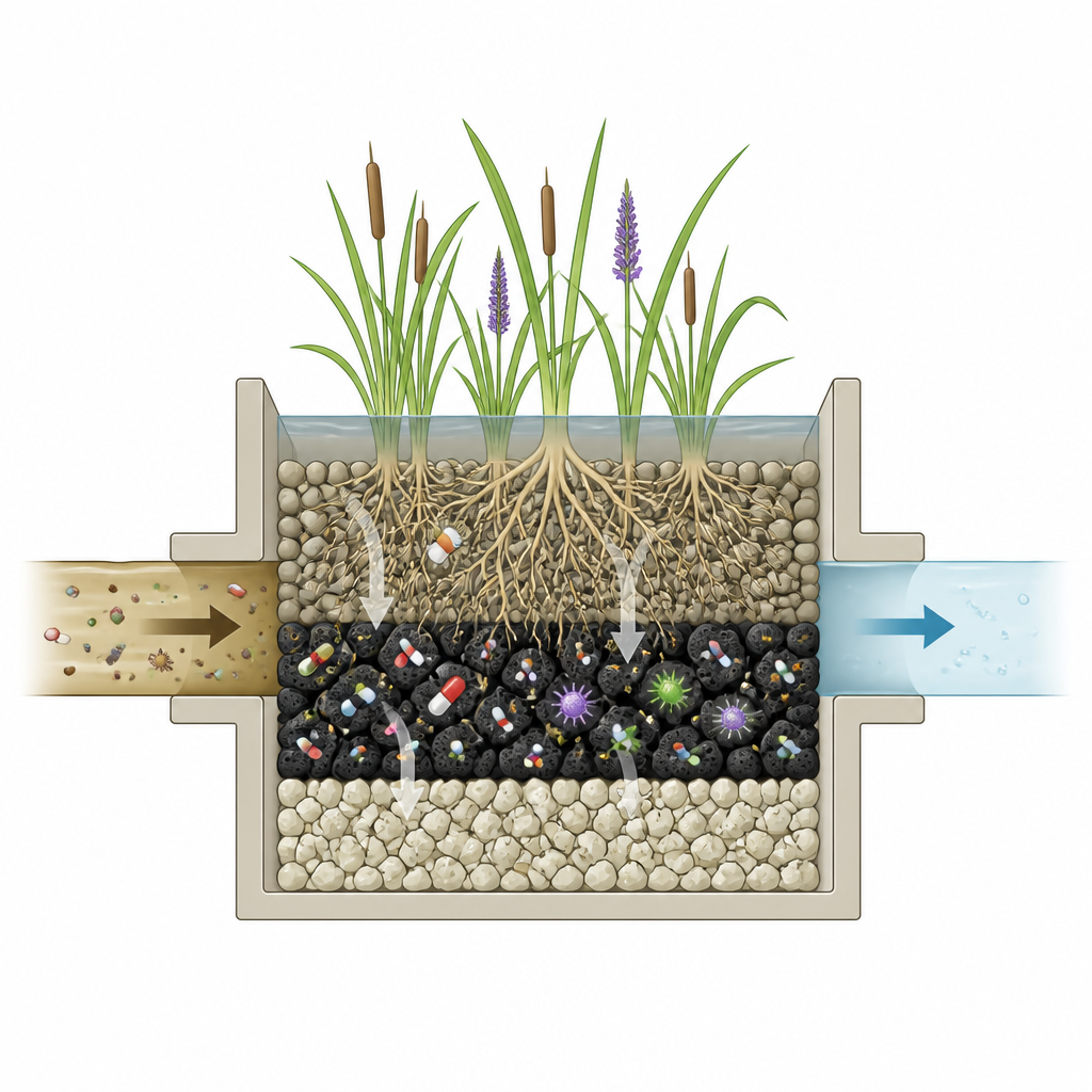 Figure 2. Vuil water passeert door gelaagde moerasmedia en plantenwortels waar deeltjes worden vastgehouden en afgebroken.