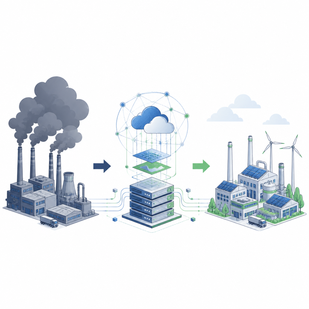 Figure 1. Hoe een verbonden digitaal platform fabrieken helpt te verschuiven van zware vervuiling naar schonere, efficiëntere productie.