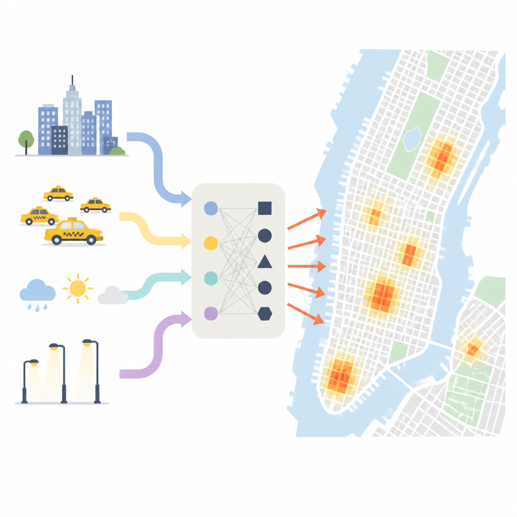 Figure 1. Farklı şehir veri akışları, hırsızlık riskinin New York mahalleleri genelinde nerede yoğunlaştığını ortaya koymak için birleşiyor.