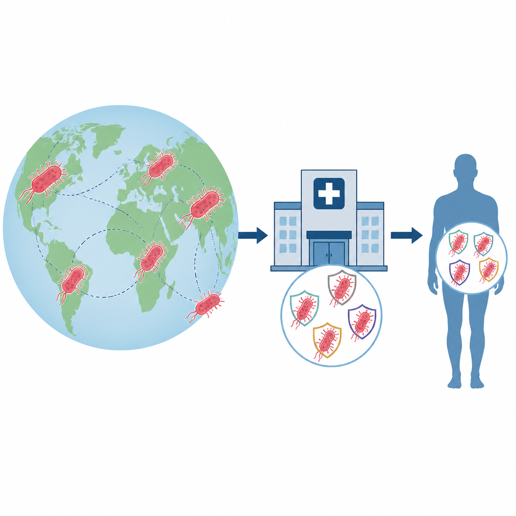 Figure 1. Arzneimittelresistente E.-coli mit einer bestimmten Zelloberflächenhülle breiten sich weltweit aus Krankenhäusern in die Blutbahn von Patientinnen und Patienten aus.