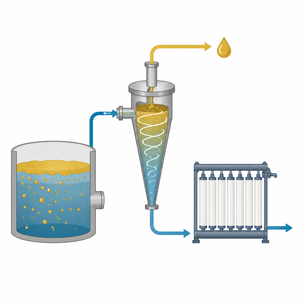 Figure 1. Вращение нефтесодержащей сточной воды в коническом устройстве с целью удаления большей части нефти до того, как она достигнет чувствительных фильтрующих мембран.