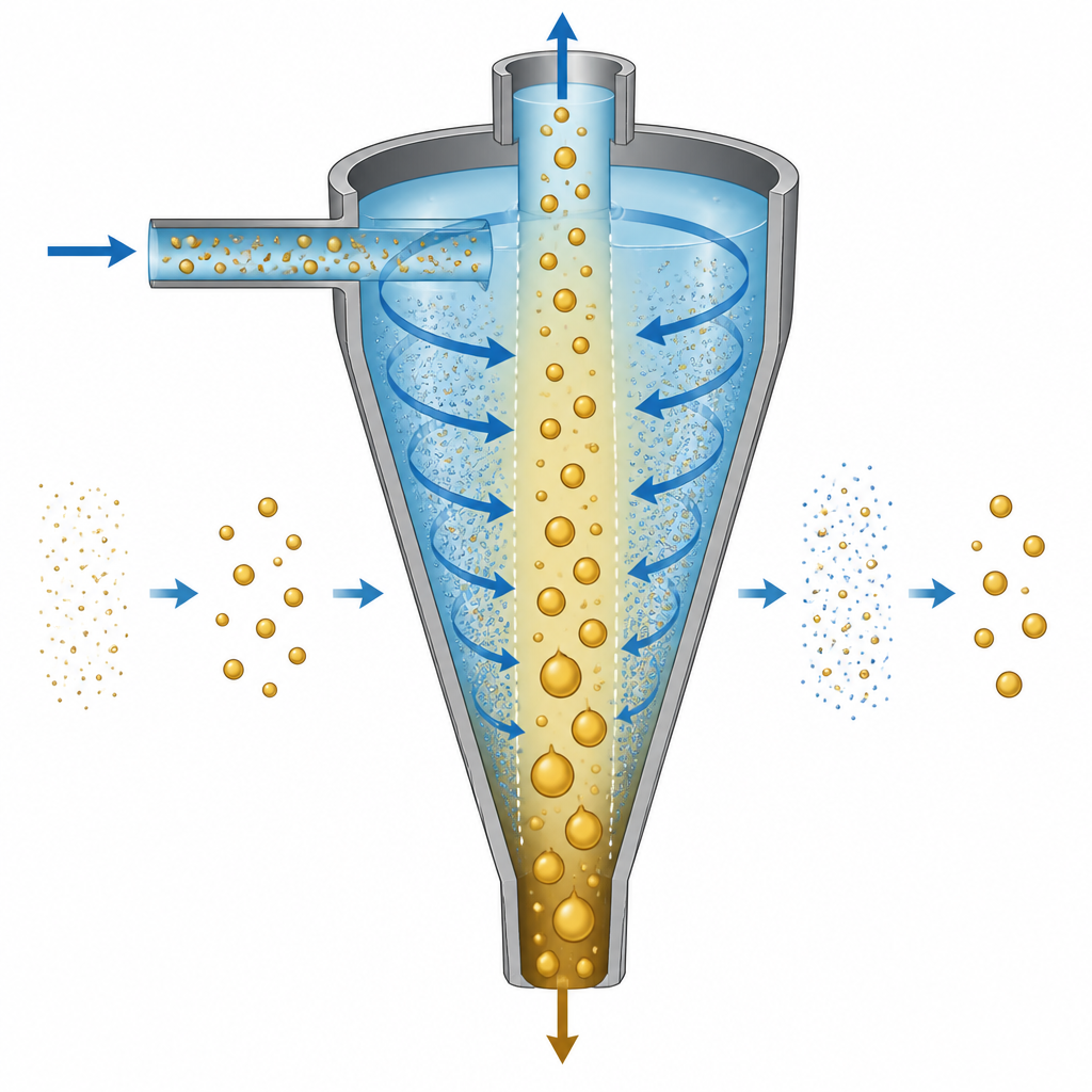 Figure 2. Внутри вращающегося конуса капли нефти сливаются или разрушаются по мере изменения скорости потока, определяя, через какой выход они покинут устройство.