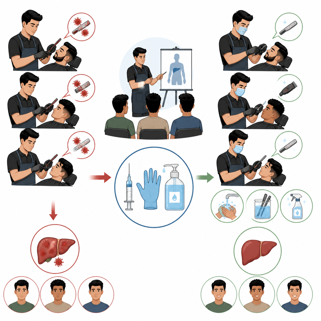 Figure 2. Formazione, strumenti puliti e vaccinazione trasformano una postazione di barbiere a rischio in uno spazio più sicuro per la salute dei clienti