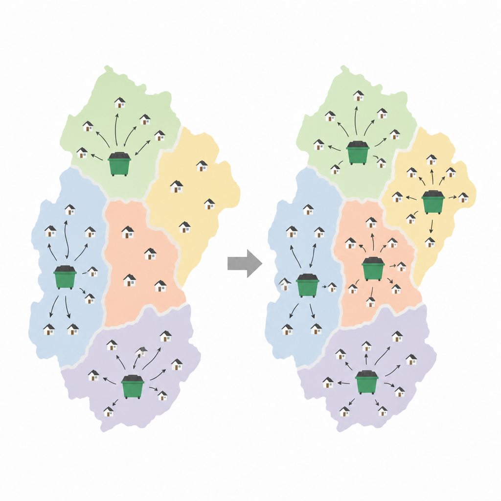 Figure 1. Toont hoe beperkte afvalcontainers door een land kunnen worden herschikt om beter aan te sluiten bij waar mensen wonen en reizen.