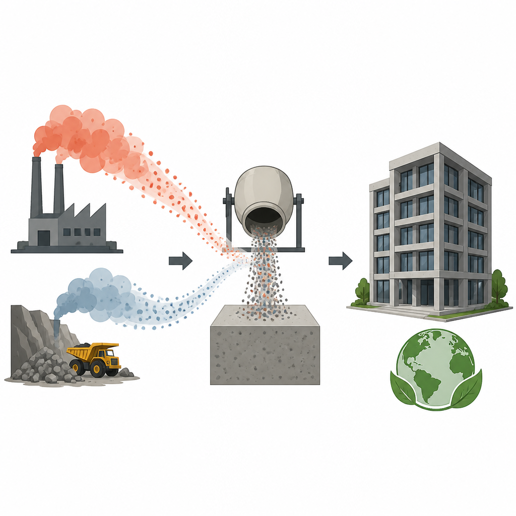 Figure 1. Yapı ve altyapı için daha güçlü, daha düşük karbonlu beton üretmek amacıyla çimento yerine mineral tozların kullanılması.