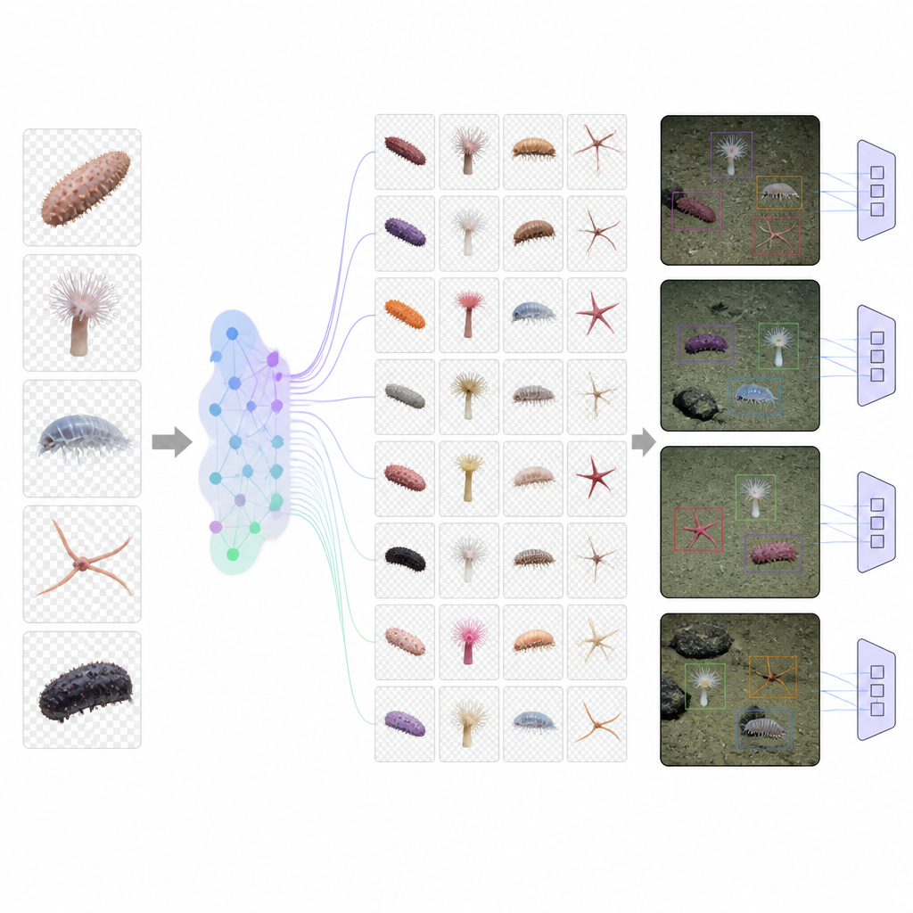 Figure 2. Пошаговый процесс: синтетические редкие животные создаются, располагаются на фонах донных снимков и повышают точность детекторов