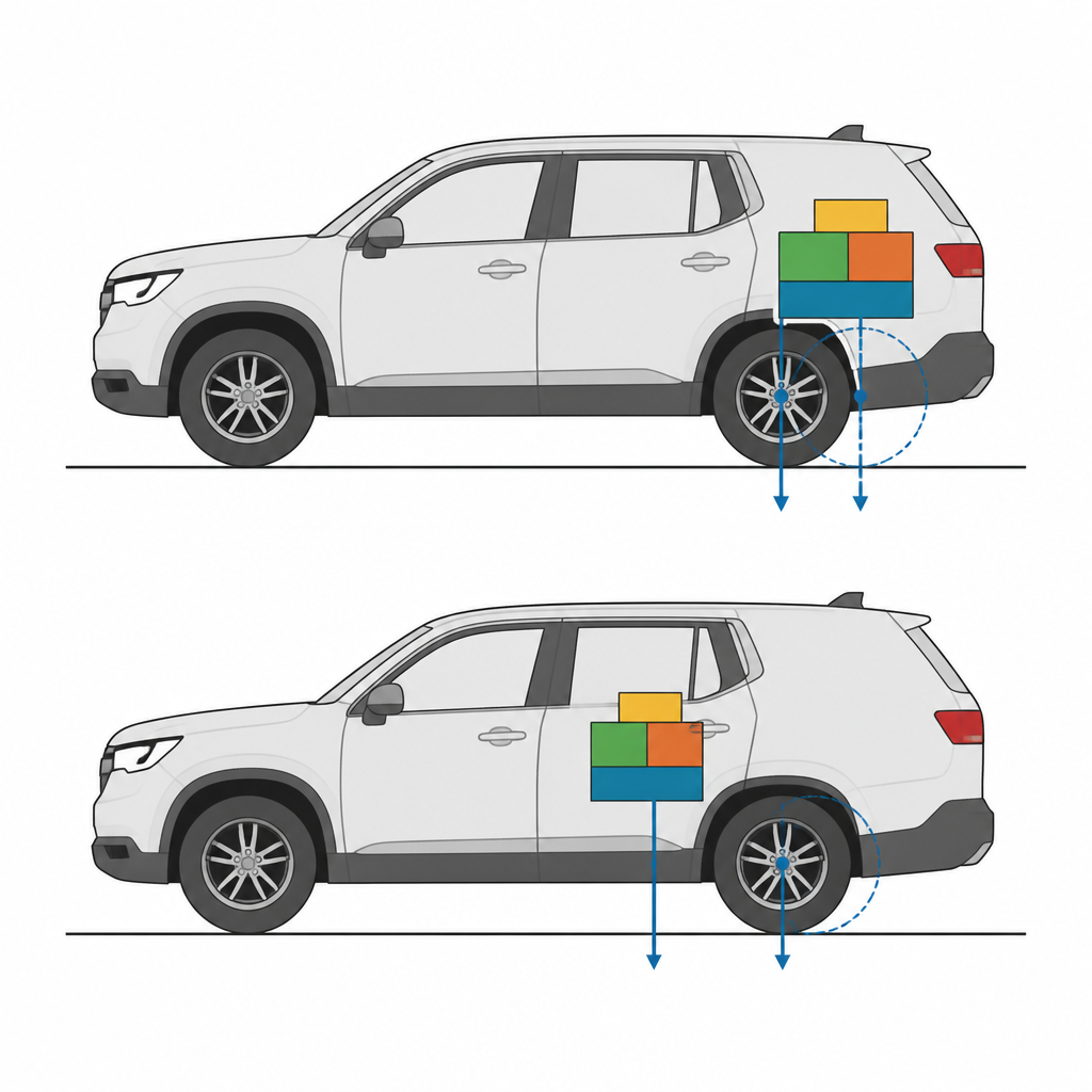 Figure 1. W jaki sposób sposób pakowania SUV-a zmienia położenie tylnych kół i ogólną stabilność.