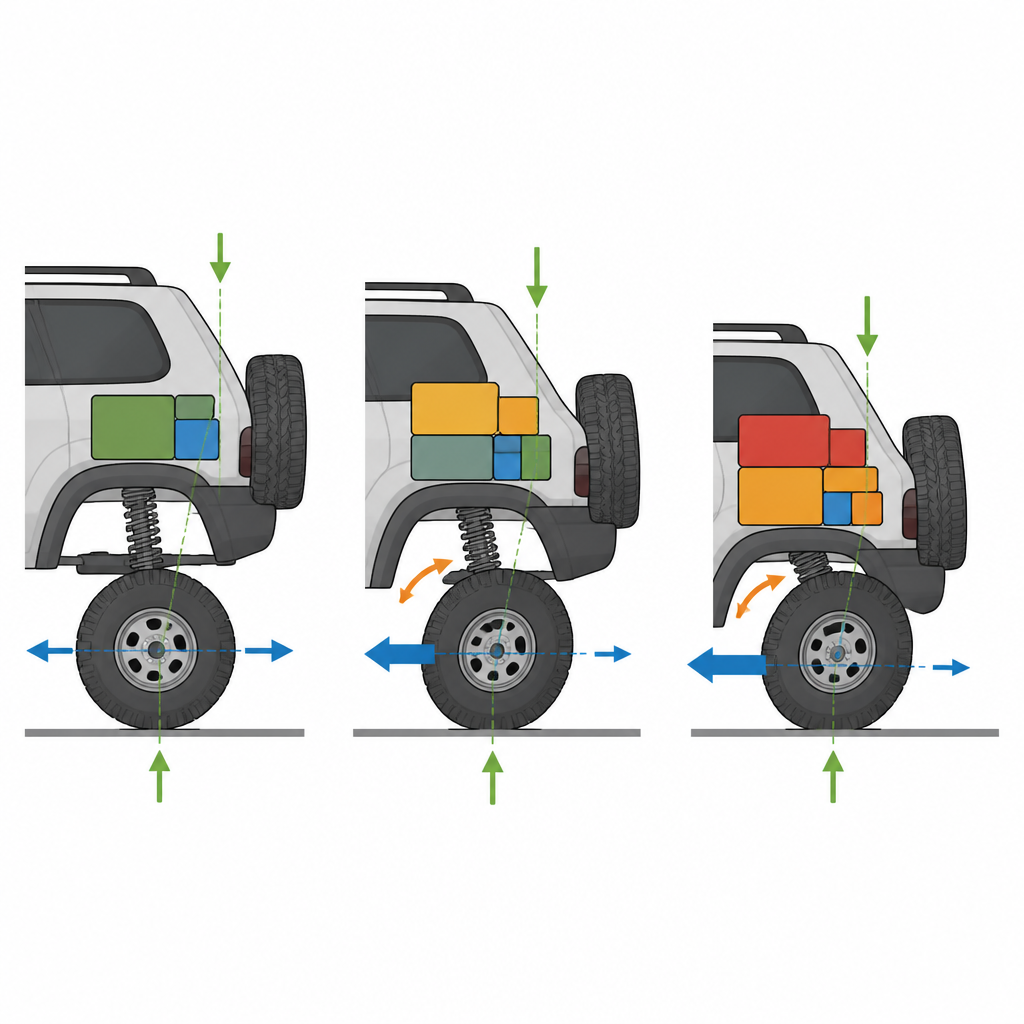 Figure 2. W jaki sposób zwiększanie obciążenia przesuwa tylną oś i zawieszenie SUV-a, zmieniając pochylenie kół i kontakt z nawierzchnią.
