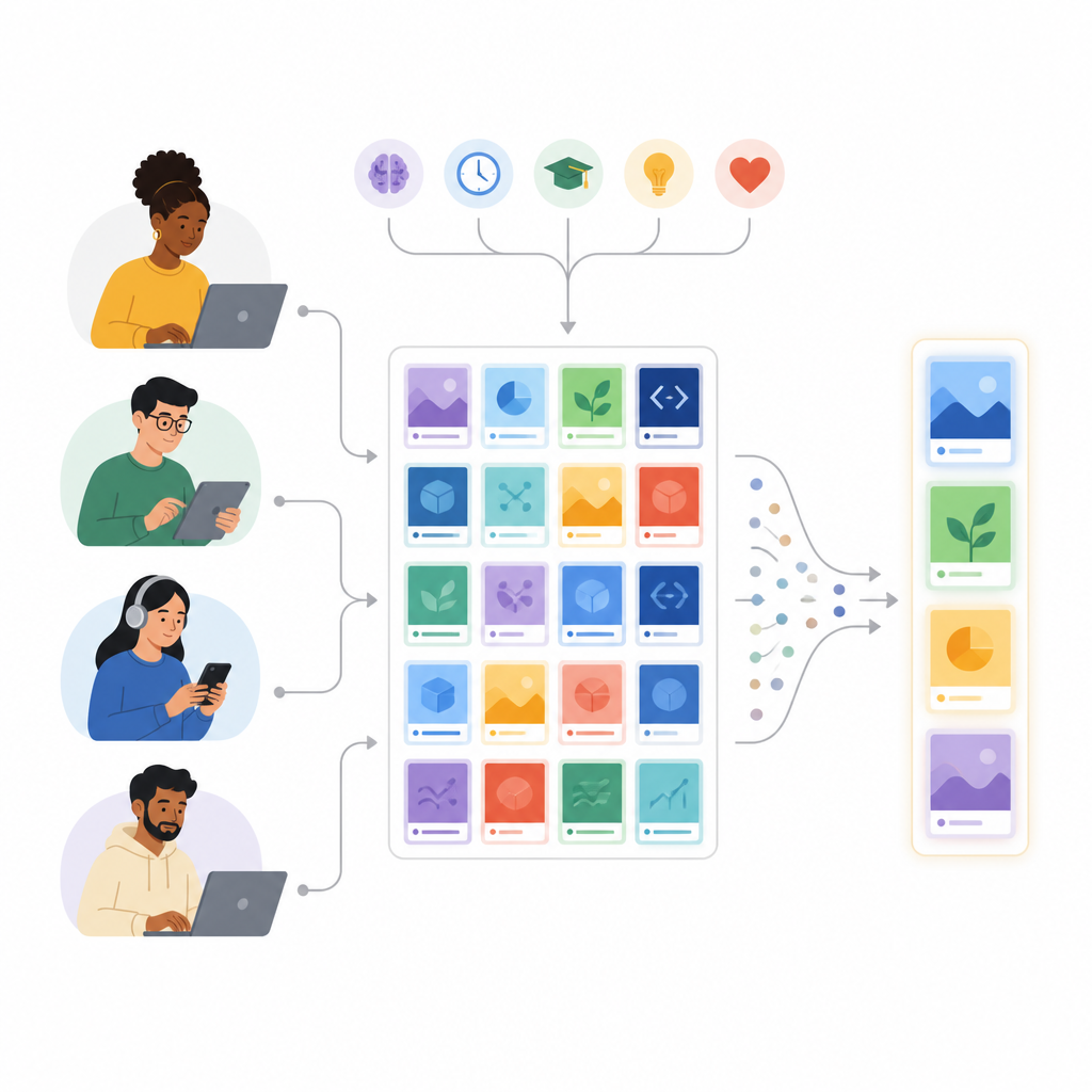Figure 1. Como dispositivos conectados e histórico de estudo se combinam para orientar aprendizes rumo a cursos online mais adequados.