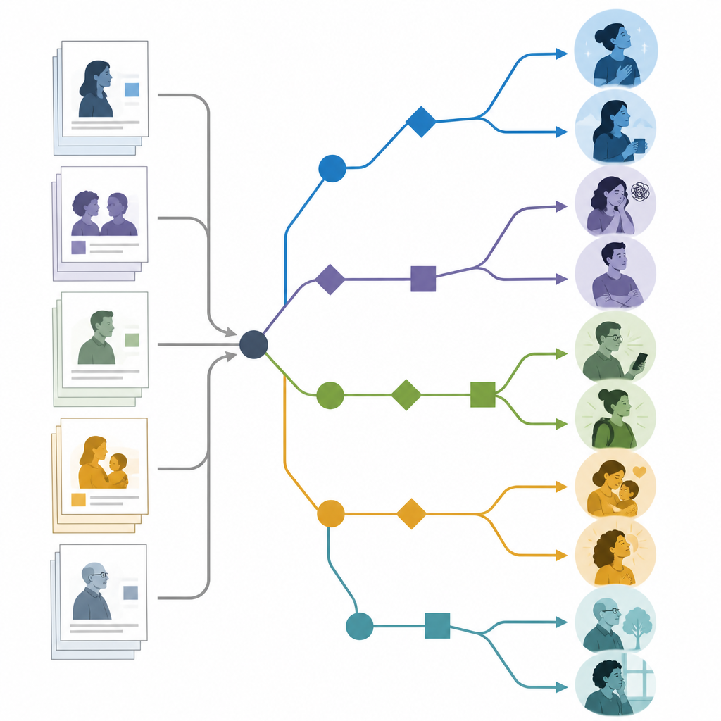 Figure 2. Hoe inzichten uit interviews via een beslissingsproces stromen om onderscheidende verzorgertypen te vormen die gepersonaliseerde ondersteuning sturen.