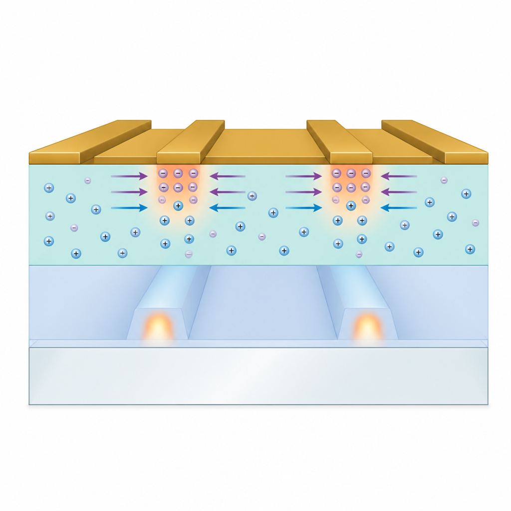 Figure 2. Hoe geperforeerde elektroden en warmte ionen in een glasfilm herschikken om duurzame actieve zones binnen geëtste golfgeleiders te creëren.