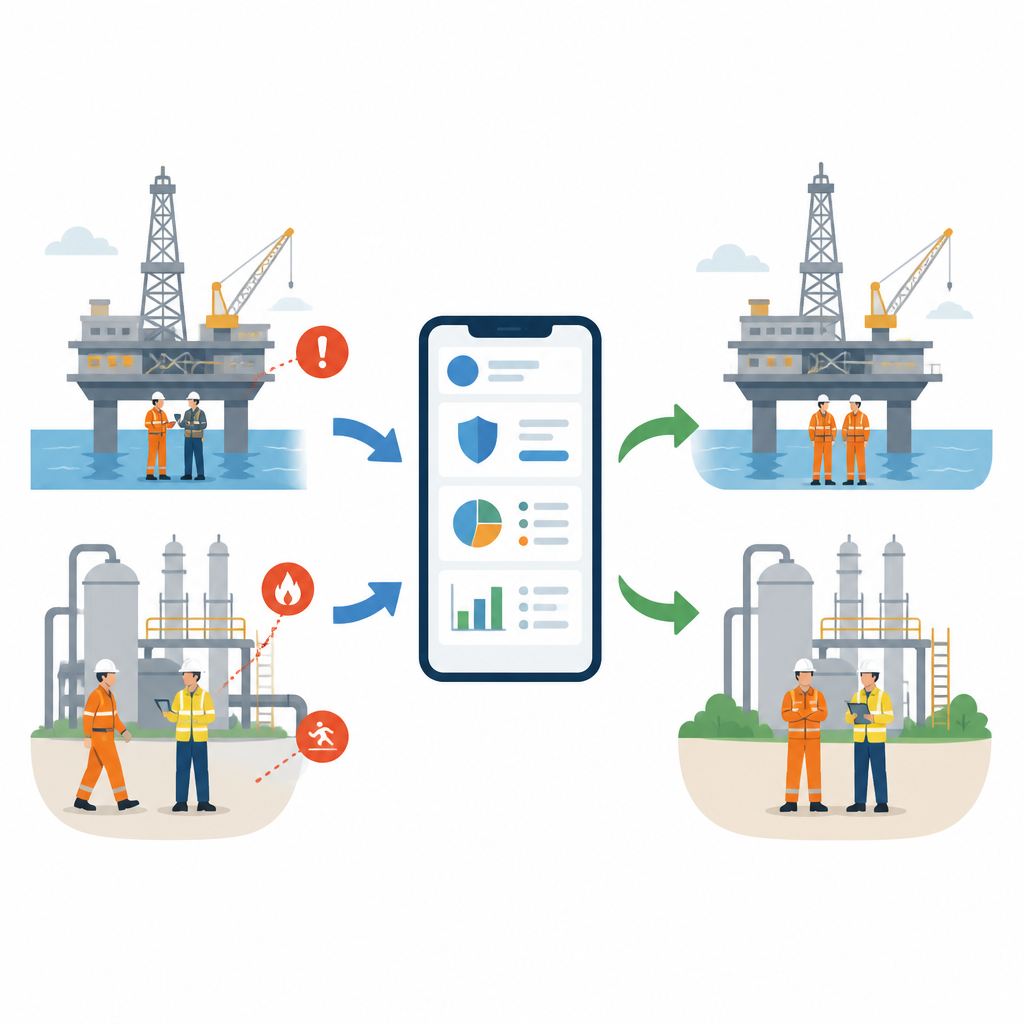 Figure 1. Een mobiele app verbindt olie- en gaswerkers en managers om veiligere dagelijkse gewoonten te creëren op risicovolle werkplaatsen.