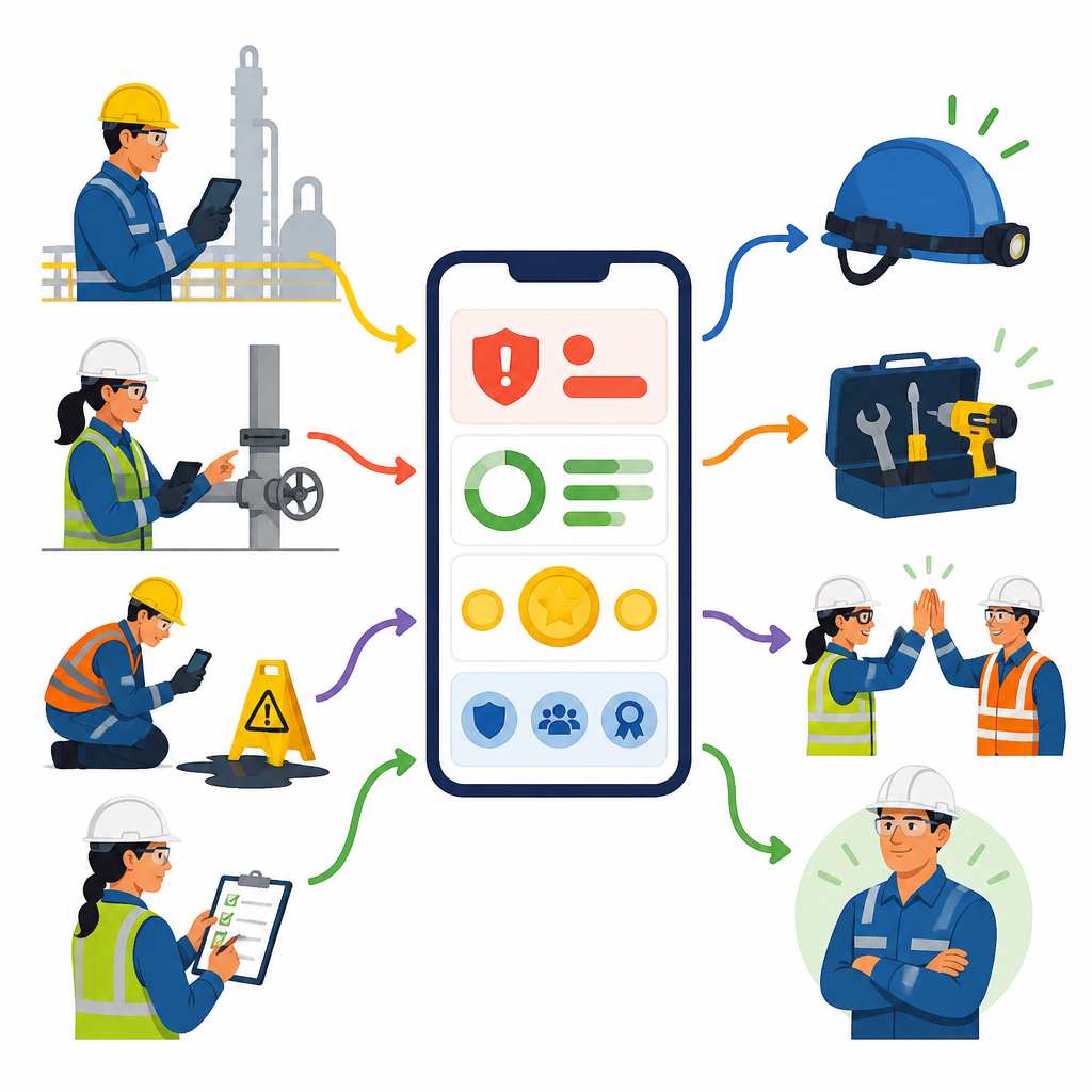 Figure 2. Veiligheidsacties van werknemers voeden een telefoonapp die waarschuwingen, training en beloningen teruggeeft om veiliger gedrag te versterken.
