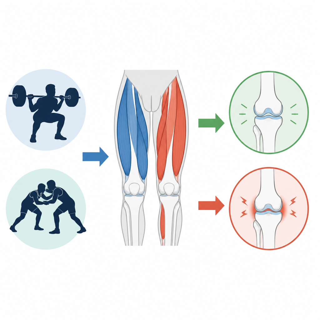 Figure 1. Hoe de balans van dijspieren bij gewichtheffers en worstelaars samenhangt met knie-stabiliteit en prestaties.