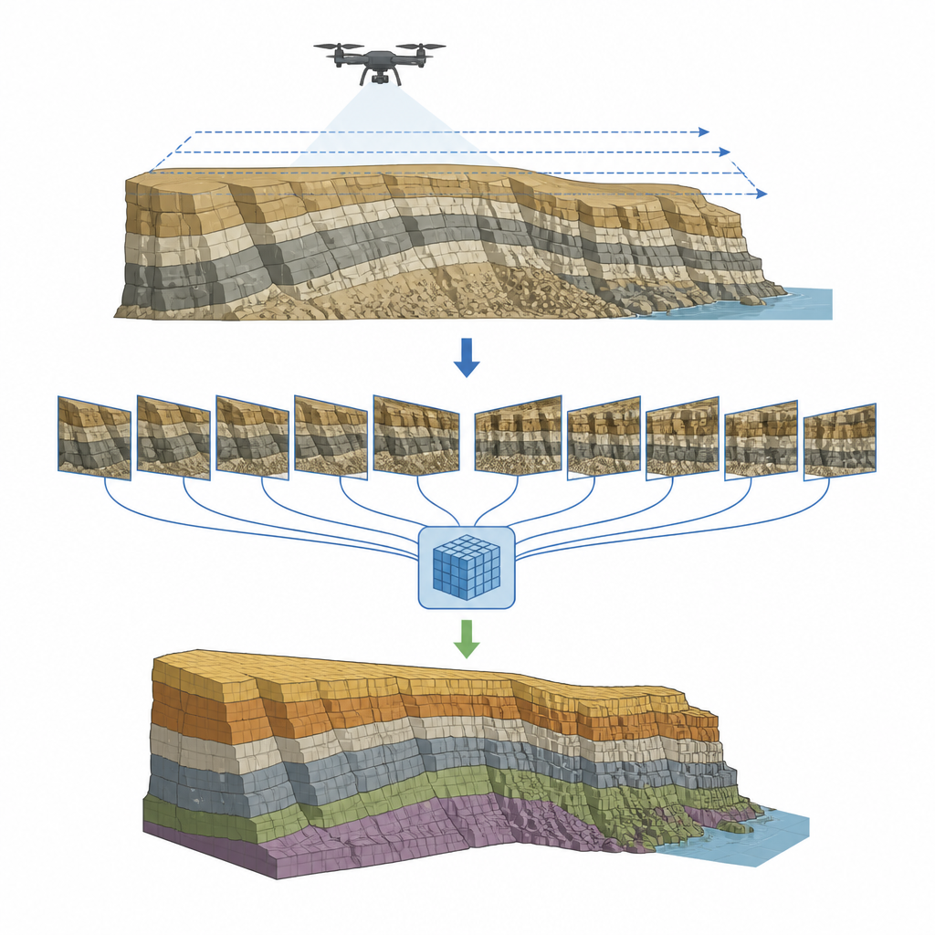 Figure 1. Hoe drones en AI een rotsklif omzetten in een kleurrijke 3D-kaart van verschillende gesteentelagen.