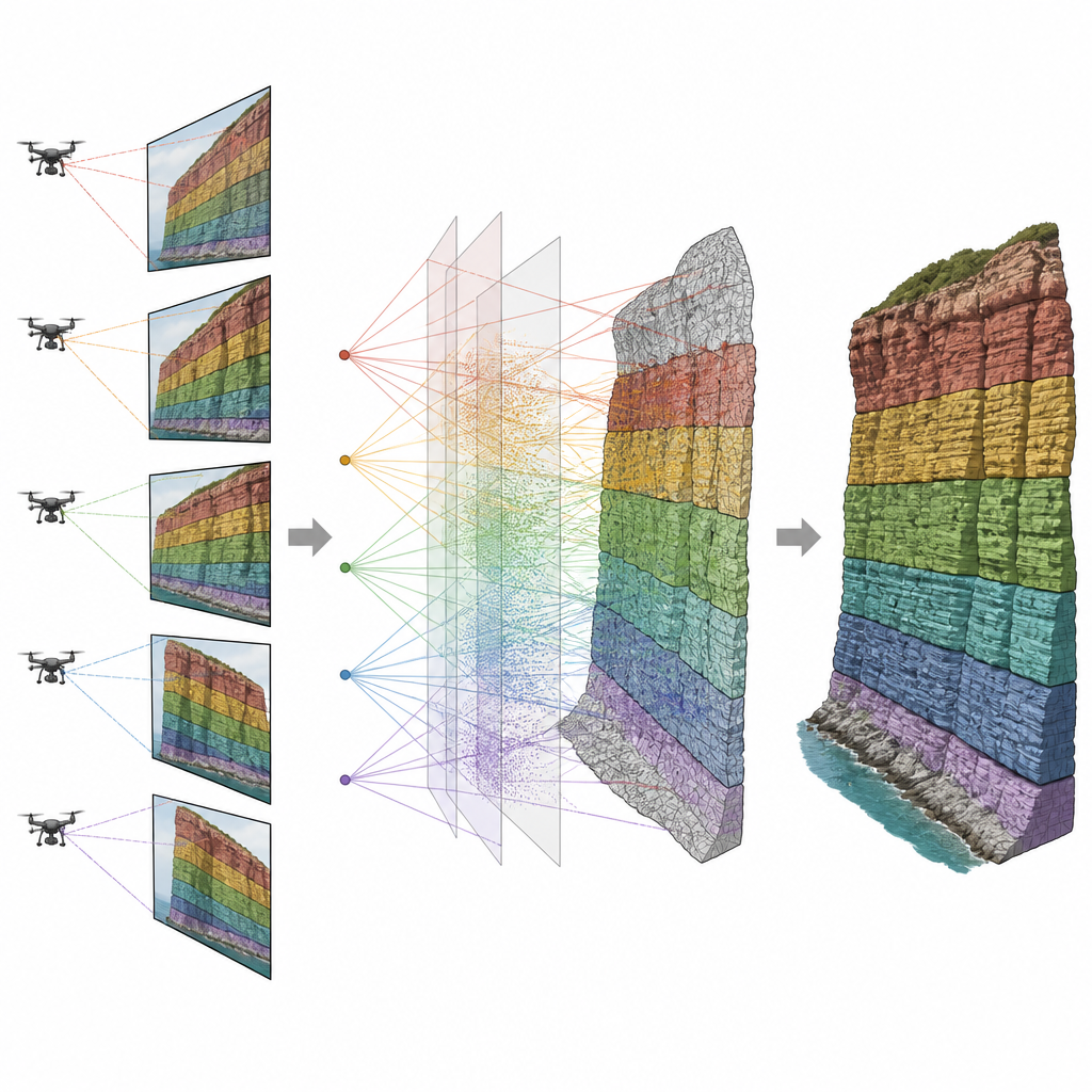 Figure 2. Hoe overlappende dronebeelden samensmelten tot een nauwkeurig 3D-model met scherpe, gekleurde gesteentegrenzen.