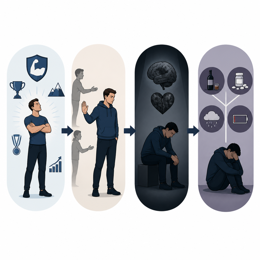 Figure 2. Wie der Druck, hart und selbstgenügsam zu sein, sich in Isolation, Depression und Substanzproblemen bei Männern verwandeln kann.