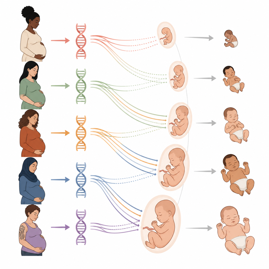 Figure 1. Hoe gecombineerde genetische signalen samenhangen met geboortegrootte bij vroeg- en op tijd geboren baby's.