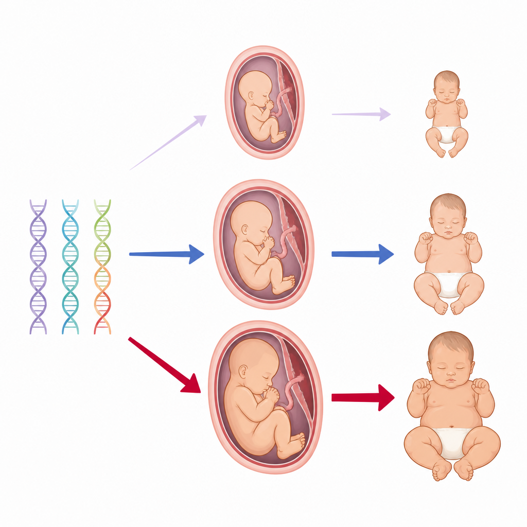 Figure 2. Hoe de genetische invloed op geboortegewicht sterker wordt van vroeggeboorte naar latere zwangerschapsduur.