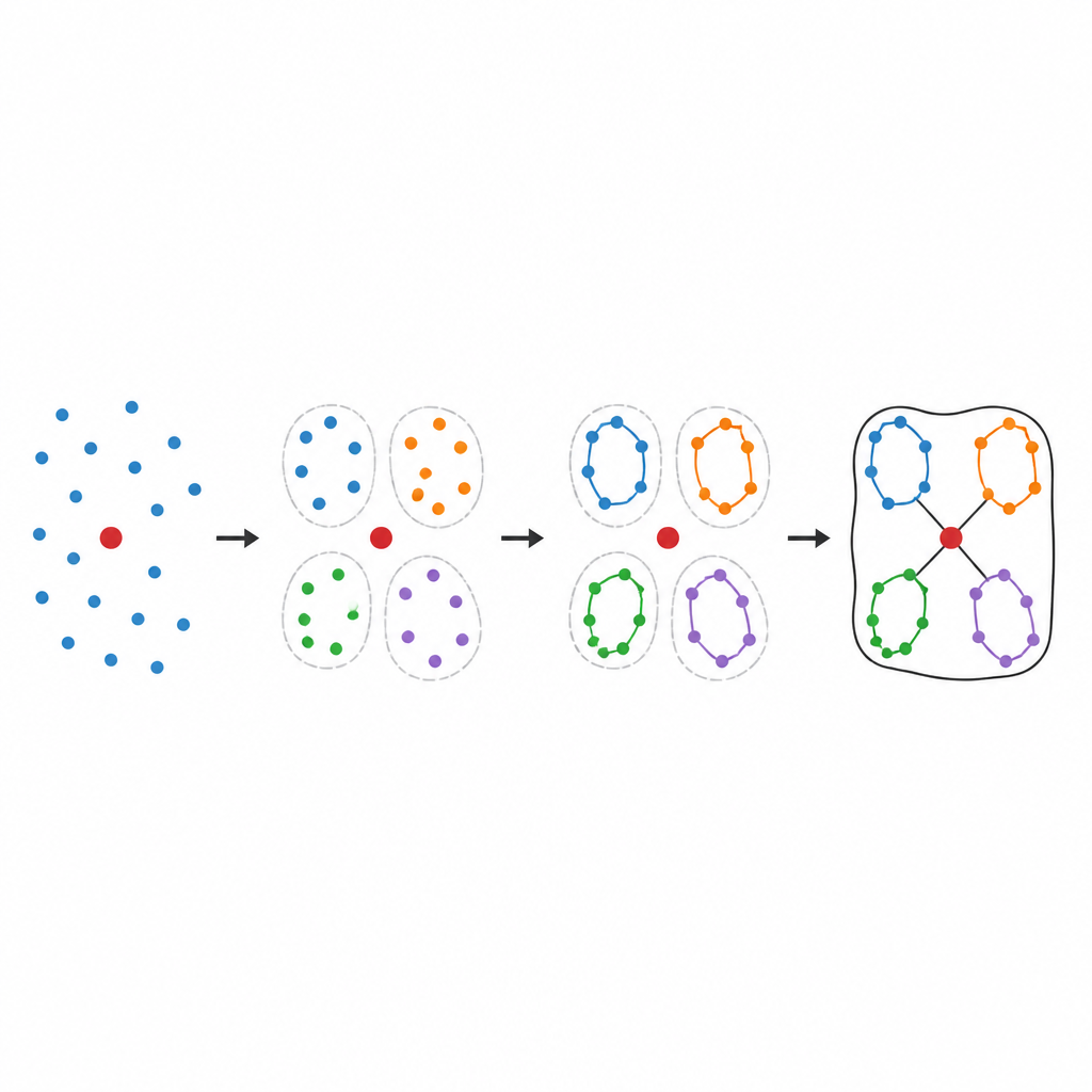 Figure 2. How large delivery regions are split, solved by a neural model, then reconnected into efficient loops for each vehicle.