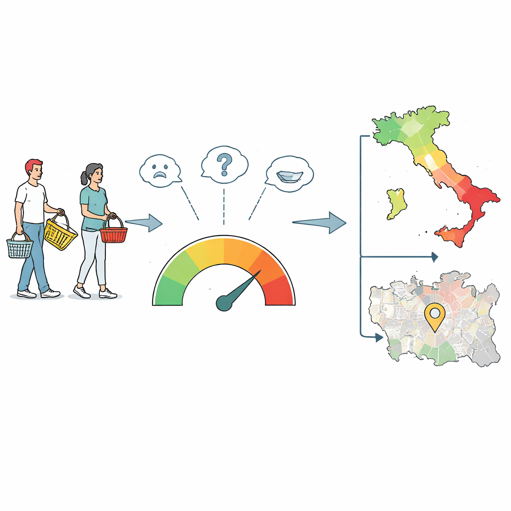 Figure 2. Hoe antwoorden over voedselproblemen stap voor stap worden omgezet in een maat voor lokale voedselonzekerheid in Italië.