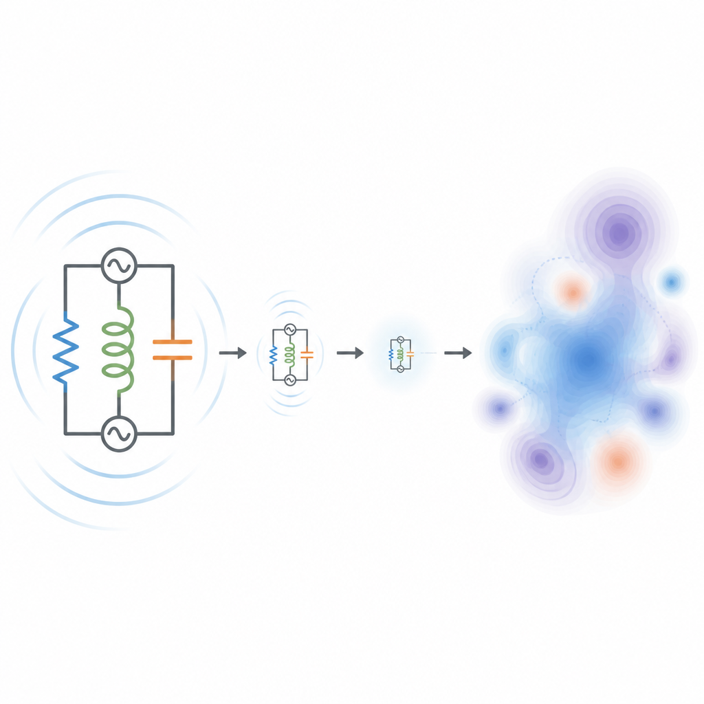 Figure 1. Come un piccolo circuito alimentato passa dal comportamento classico a schemi sfocati di carica e corrente quantistici