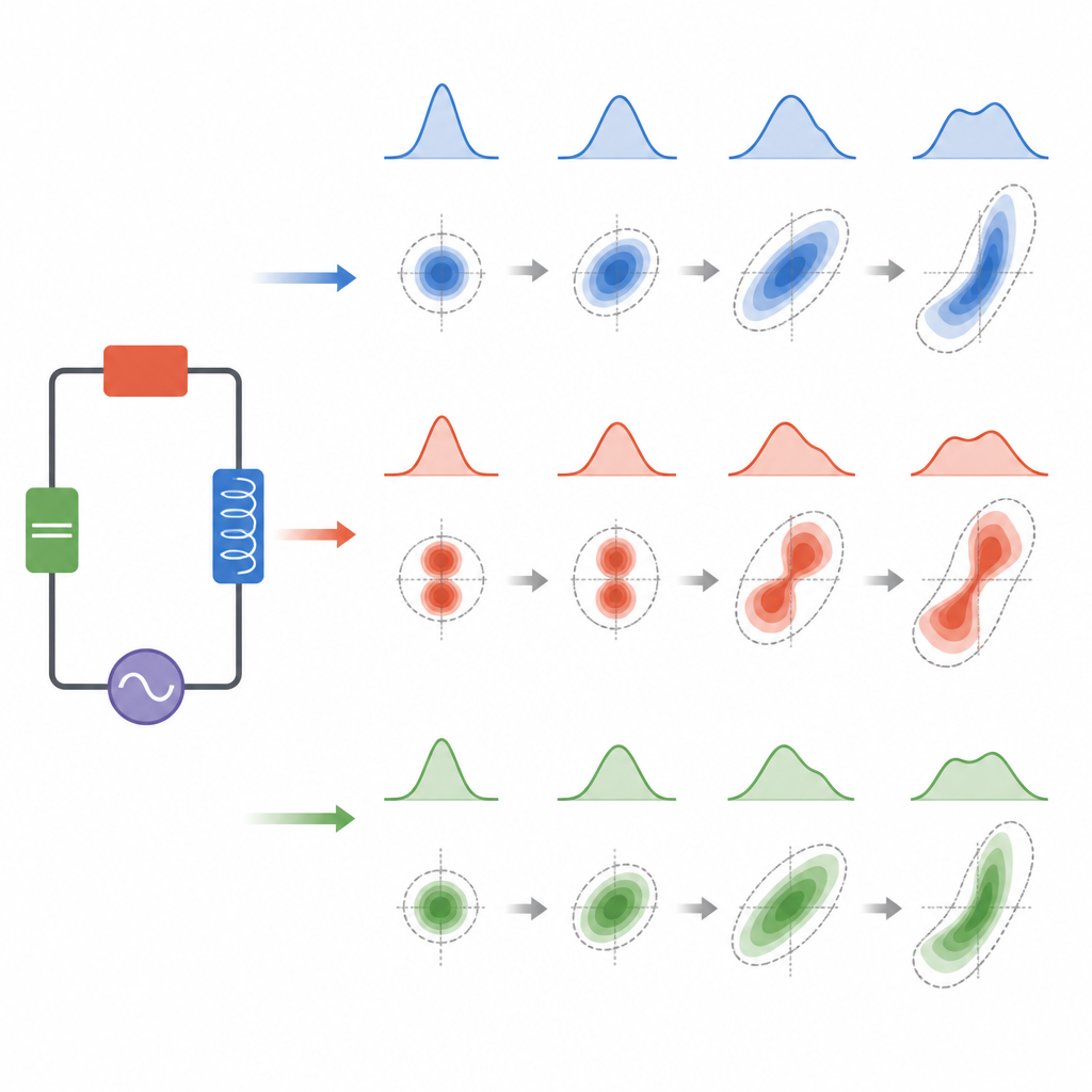 Figure 2. Come la variazione di resistenza e induttanza in un piccolo circuito alimentato in CA amplia le fluttuazioni quantistiche di carica e corrente