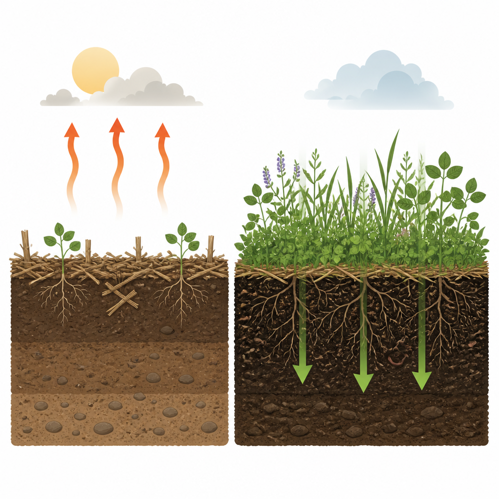 Figure 1. Le scelte agricole possono trasformare i campi di soia in suoli che oppure perdono carbonio o lo immagazzinano, influenzando il clima.