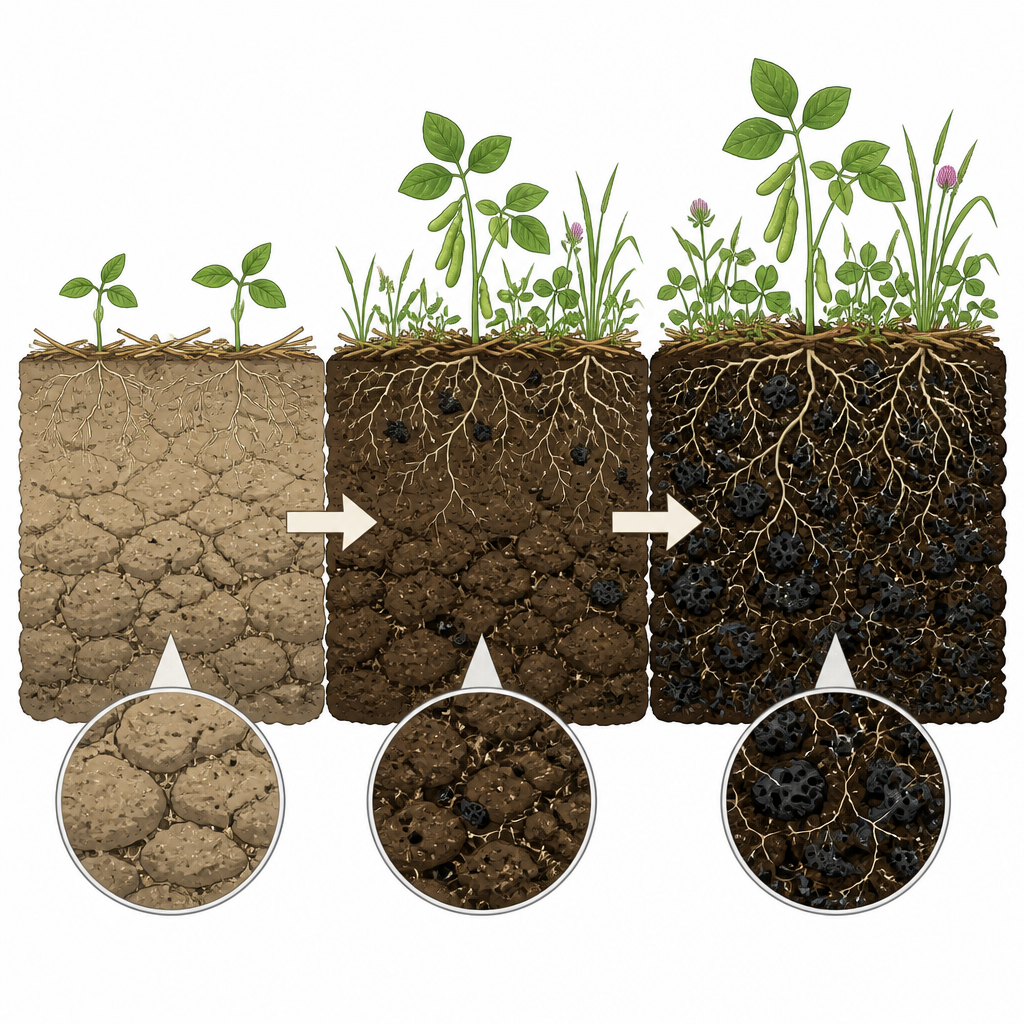 Figure 2. Semina diretta, colture di copertura e biochar trasformano progressivamente suoli compatti in un terreno vivo, ricco di carbonio e simile a una spugna.