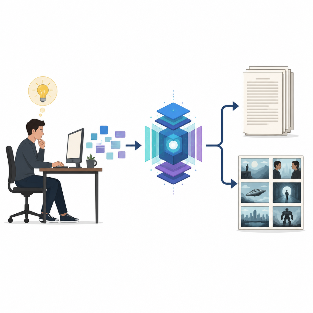 Figure 1. Come l’IA trasforma una semplice idea sia in una sceneggiatura sia in scene visive corrispondenti.