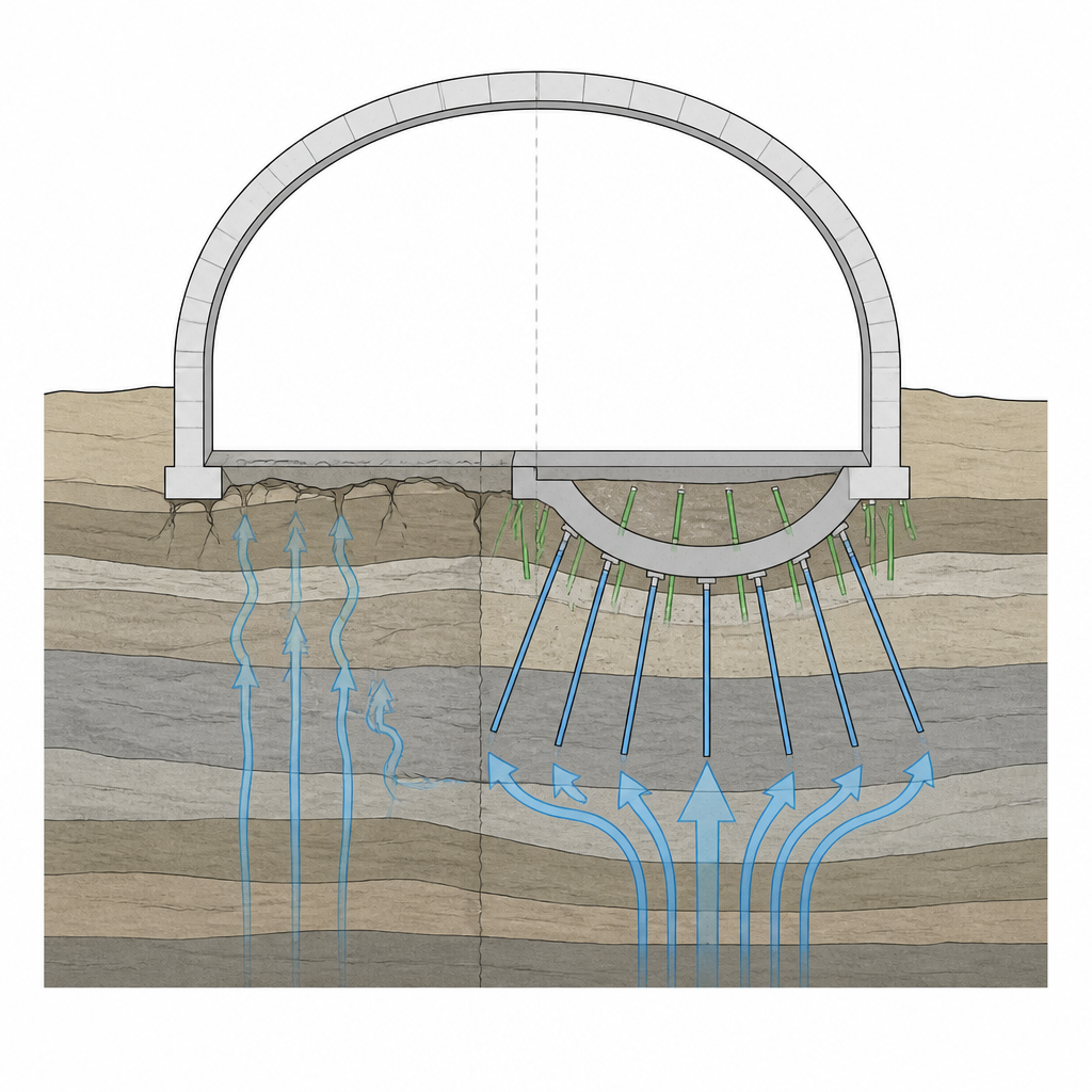 Figure 2. Hoe gelaagde bouten, kabels en een omgekeerde boog een natte tunnelvloer versterken tegen opwaartse waterdruk.