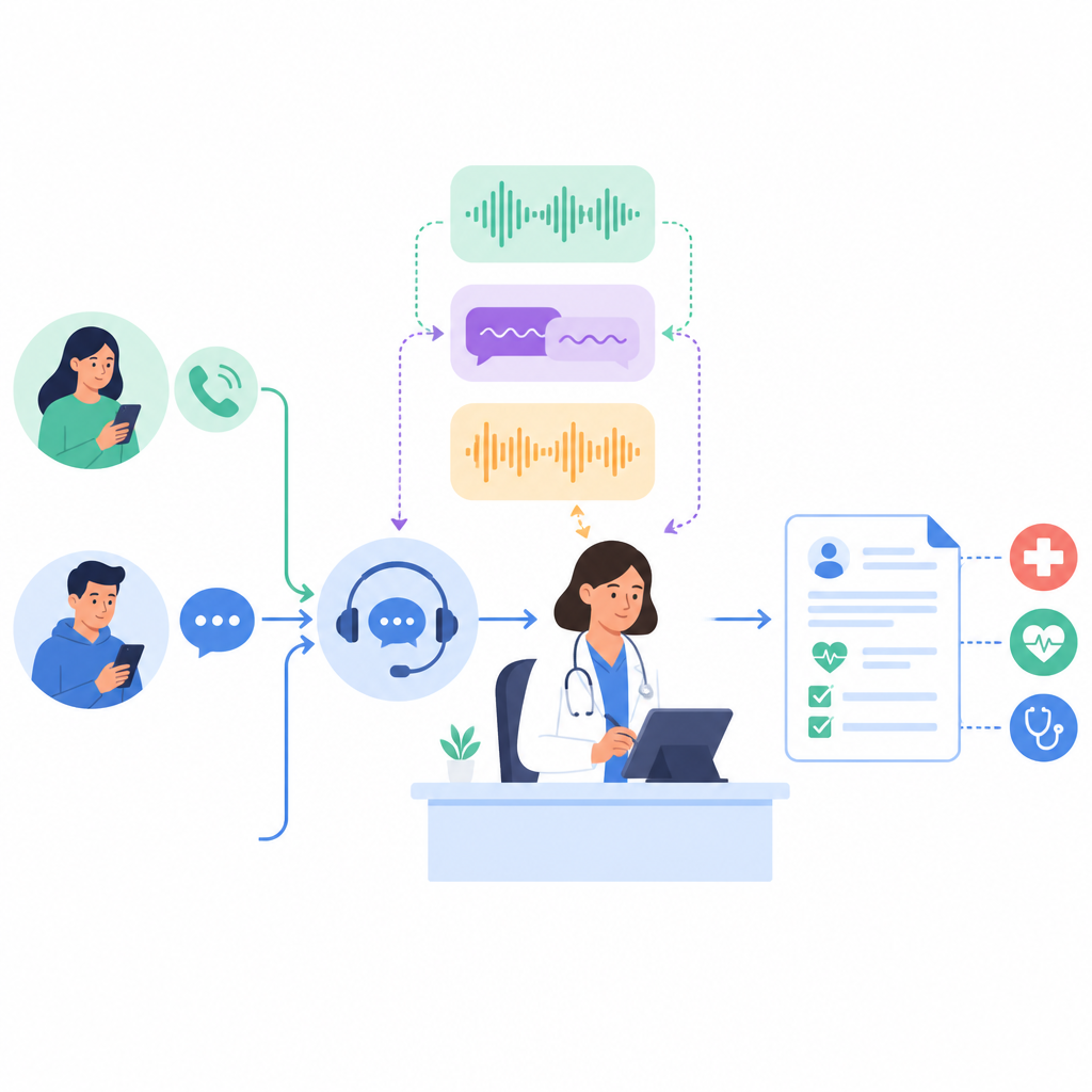 Figure 1. AI-assistent koppelt patiëntgesprekken, doktersbezoeken en digitale formulieren zodat clinici minder tijd aan typen besteden en meer aan mensen.