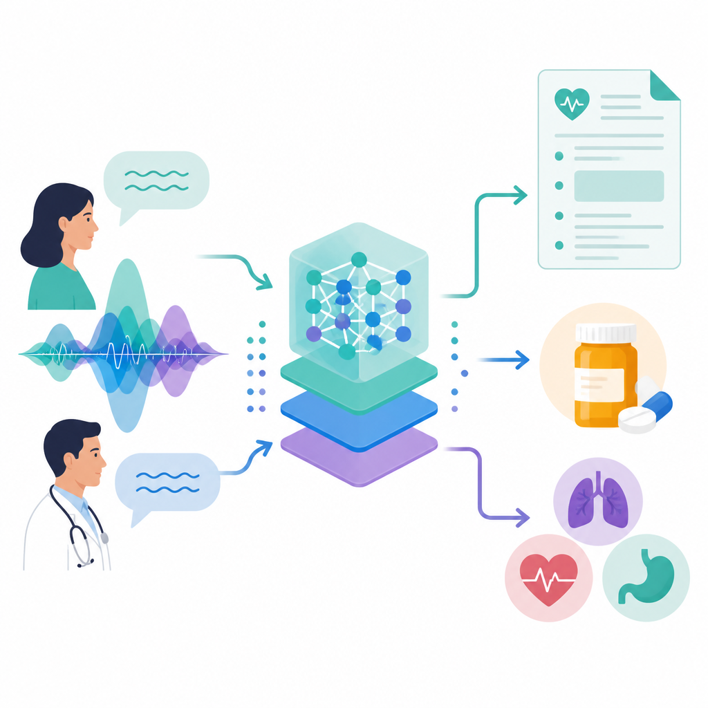 Figure 2. Gesprekken worden in een AI-engine geleid die spraak omzet in een conceptdossier en waarschijnlijke diagnoses en behandelingen suggereert.