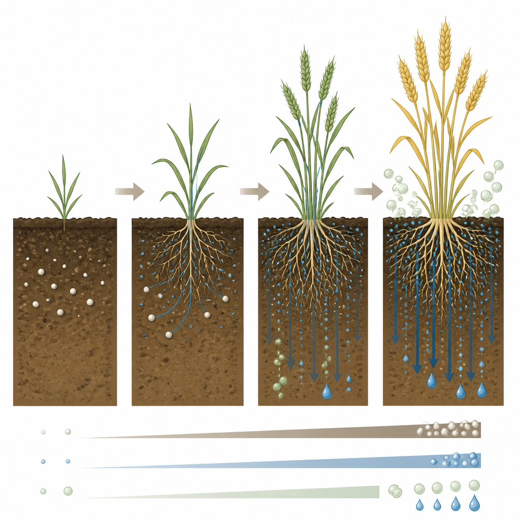 Figure 2. عرض خطوة بخطوة لحركة النتروجين من التربة إلى نباتات القمح، وتأثيره على النمو، وفقدانه إلى المياه، وانبعاثات غازات الدفيئة.
