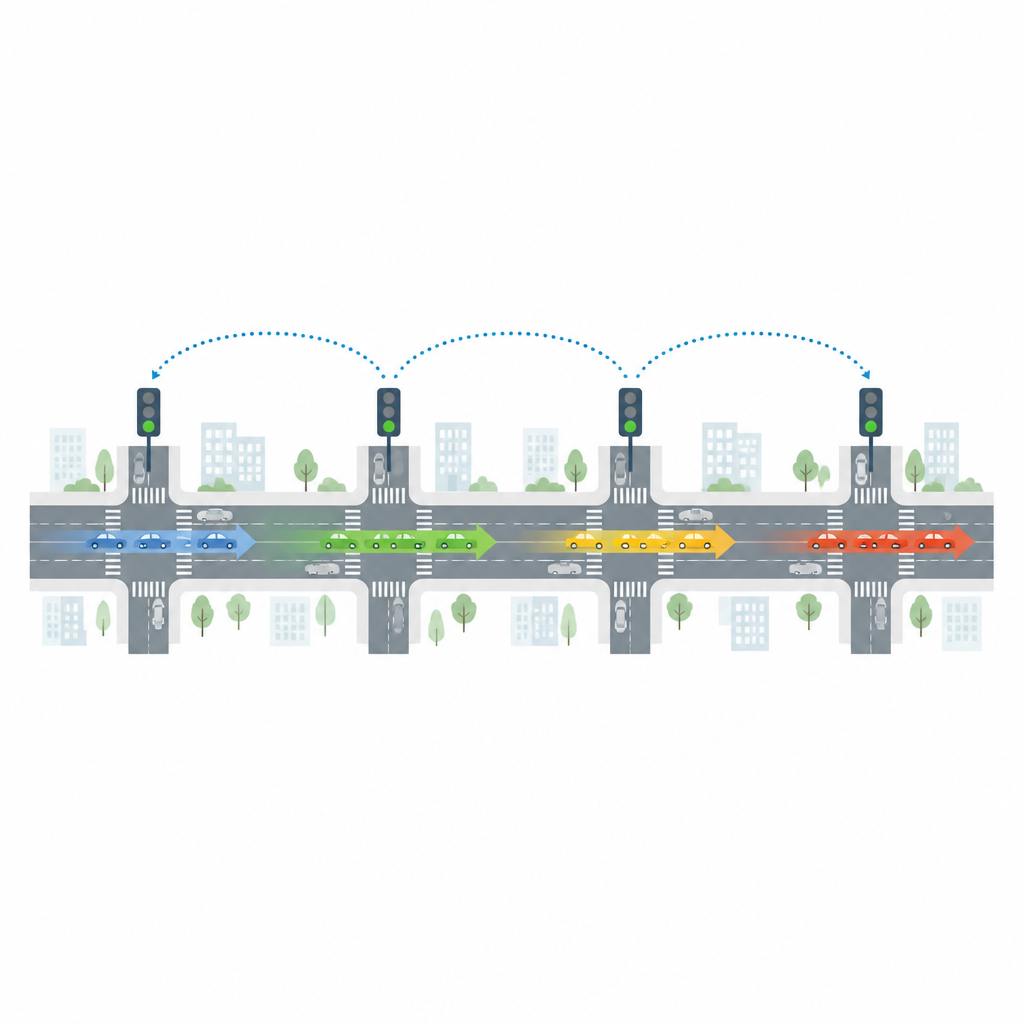 Figure 1. Traffic lights along a city corridor coordinate to move cars smoothly with fewer red-light stops.